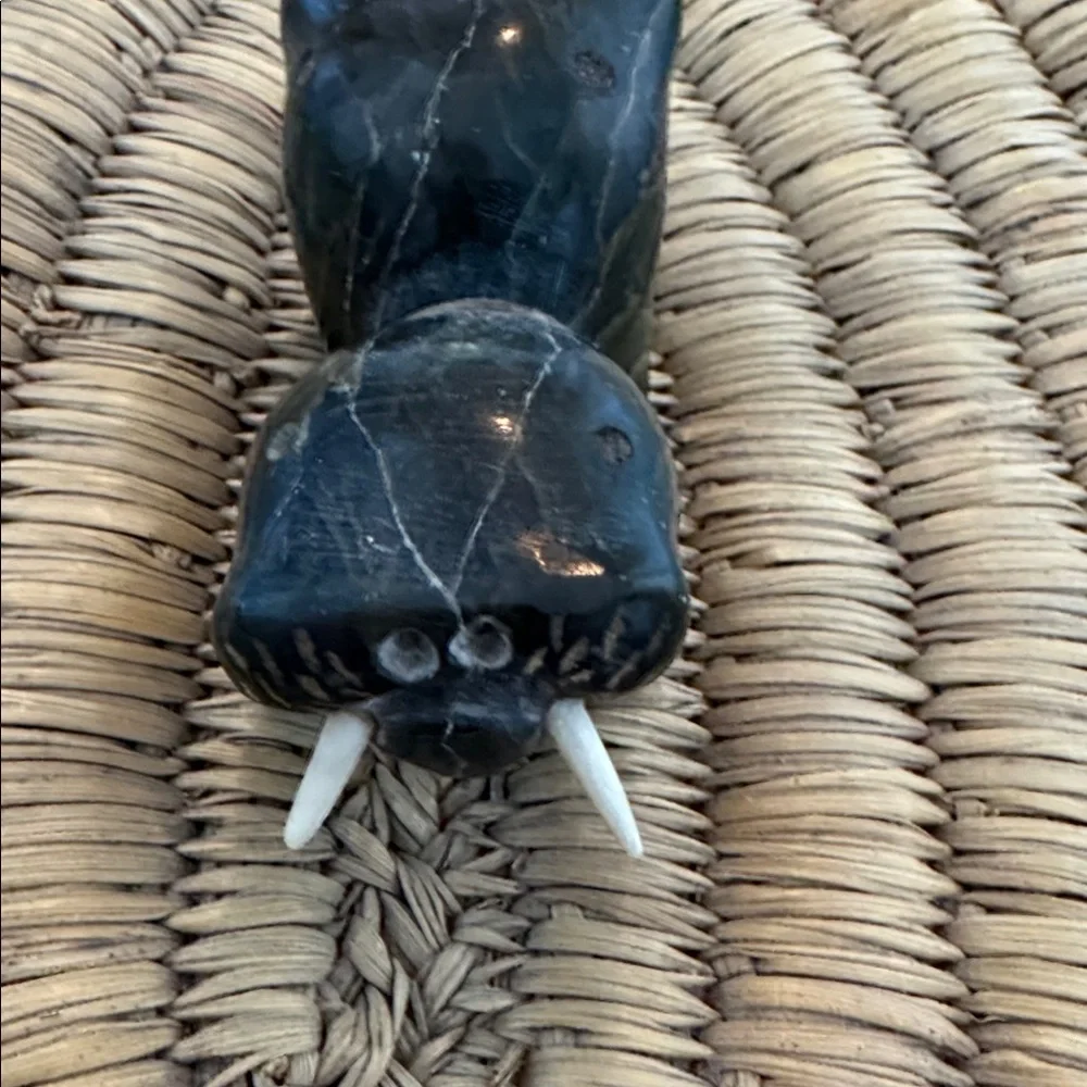 Inuit coil Lyme sea grass woven double soapstone walrus with tusks lid handle